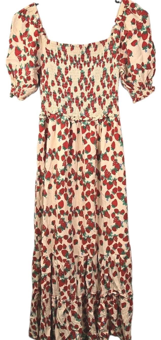 Betsey Johnson Strawberry Fields Smocked Midi Dress COTTAGECORE PEASANT sz XS